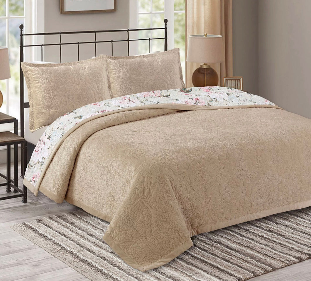 Plush soft velvet bedspread coverlet queen king quilted provincial damask floral cotton reverse latte beige