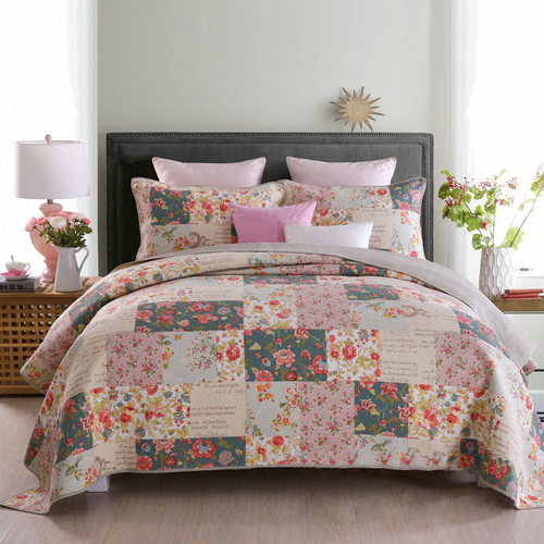Sale Cotton bedspread coverlet quilted queen king vintage beige floral patchwork style