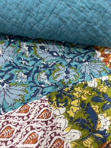 Cotton quilted bedspread queen king blue green multicolour patchwork design beige cotton Floral vibrant