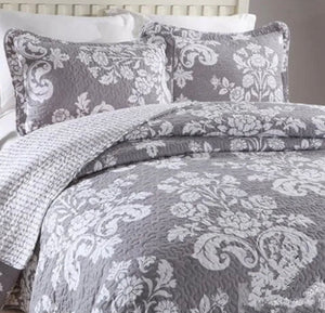 Sale New 3 piece bedspread quilted coverlet cotton queen king grey provincial damask grey white