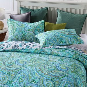 Cotton bedspread coverlet queen king blue green Paisley reversible