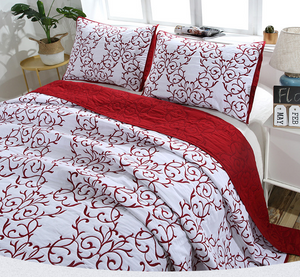 Cotton bedspread coverlet queen king quilted provincial damask red embroidered elegant royal white