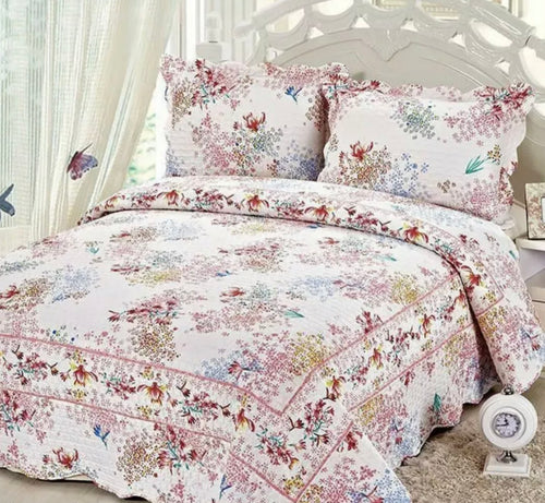 Queen king quilted coverlet multicoloured floral pink blue pink multi coloured vibrant summer