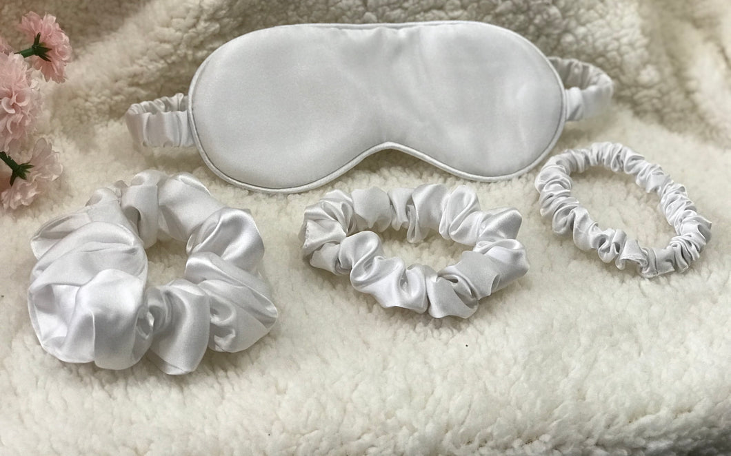 New mulberry silk scrunchies  and eye mask 25 momme silver 4 piece white