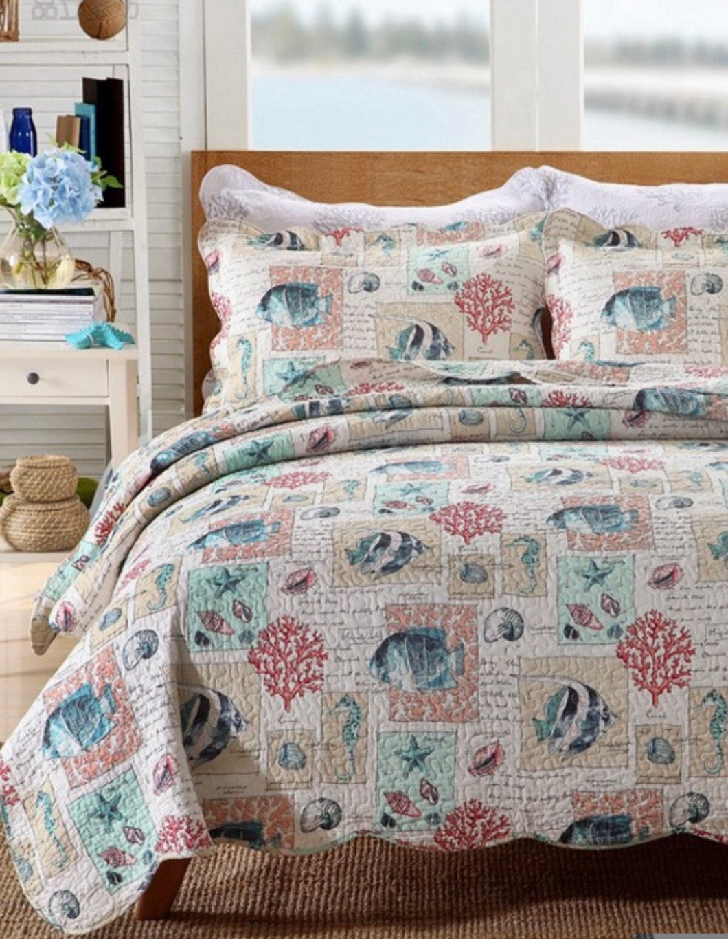 Cotton bedspread queen nautical aquatic beach coral