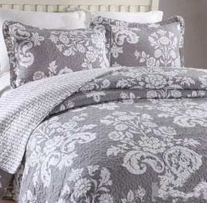 Sale New 3 piece bedspread quilted coverlet cotton queen king grey provincial damask grey white