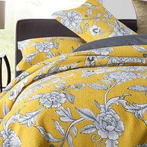 Cotton bedspread coverlet queen king quilted vibrant yellow mustard black white floral