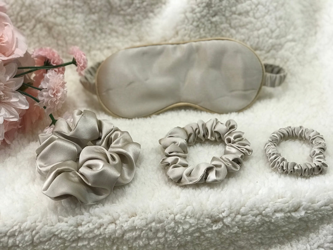 New silk mulberry silk scrunchies and eye mask 25 momme silver 4 piece package beige gold