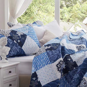 Blue navy coverlet bedspread queen king patchwork design light weight paisley floral