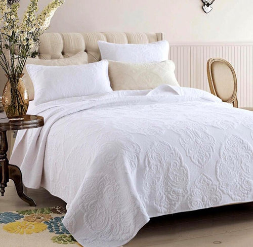 Cotton bedspread coverlet embossed king queen demask white